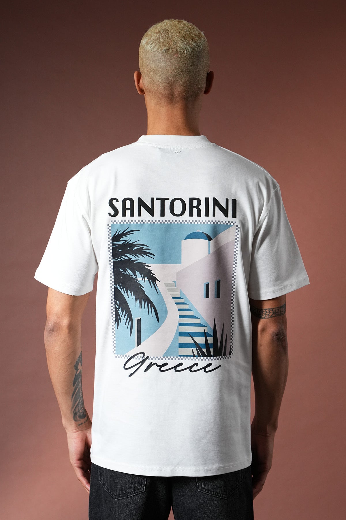 T-Shirt mit Santorin-Aufdruck – LL110090