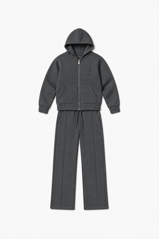 LP2616 — Anthracite — Vue à plat, reliefs Eiffel sur veste et pantalon