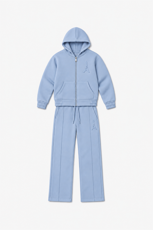 LP2616 — Bleu Clair — Vue à plat, reliefs Eiffel sur veste et pantalon