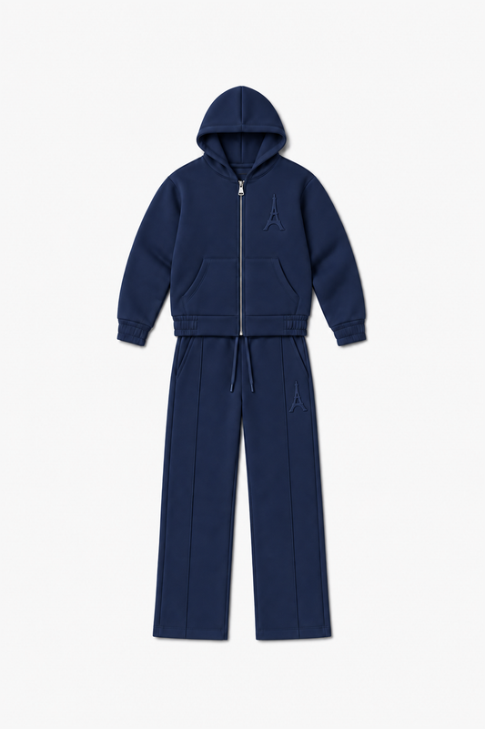LP2616 — Bleu Marine — Vue à plat, reliefs Eiffel sur veste et pantalon