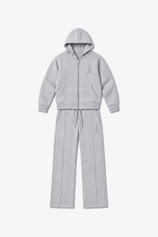 LP2616 — Gris — Vue à plat, reliefs Eiffel sur veste et pantalon