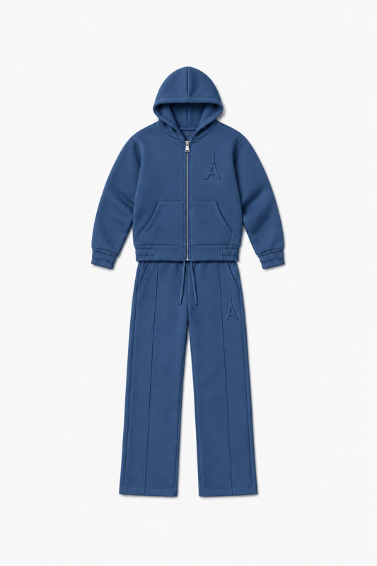 LP2616 — Indigo — Vue à plat, reliefs Eiffel sur veste et pantalon
