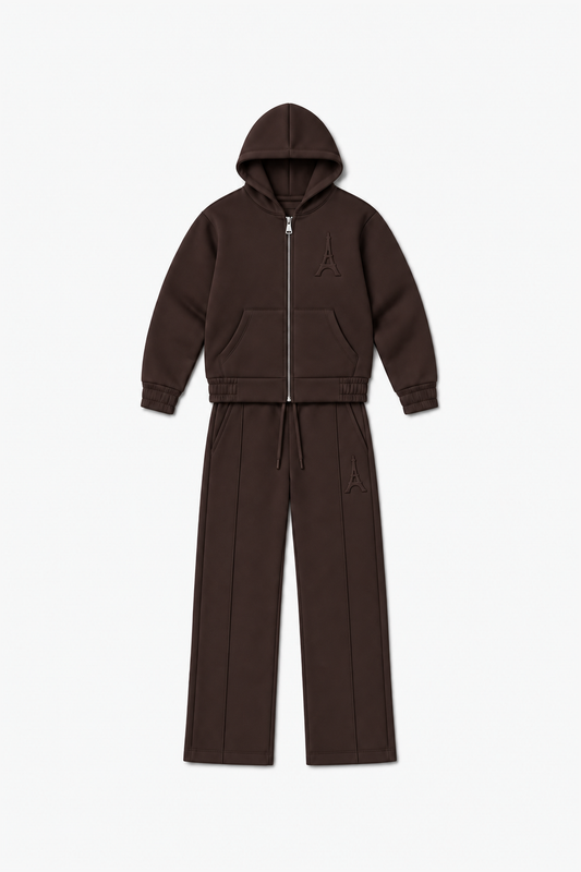 LP2616 — Marron — Vue à plat, reliefs Eiffel sur veste et pantalon