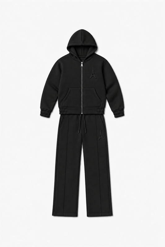LP2616 — Noir — Vue à plat, reliefs Eiffel sur veste et pantalon