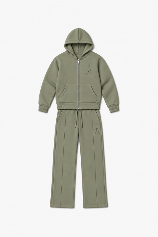 LP2616 — Olive — Vue à plat, reliefs Eiffel sur veste et pantalon