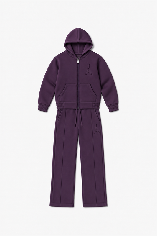 LP2616 — Violet foncé — Vue à plat, reliefs Eiffel sur veste et pantalon
