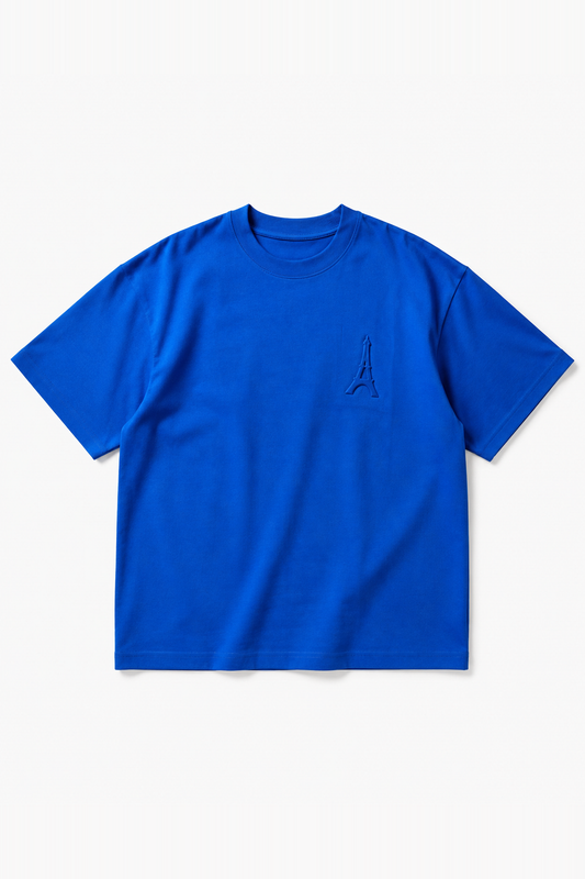 IKAO PARIS IPM227 Bleu – t-shirt oversize, vue de face sans mannequin sur fond clair