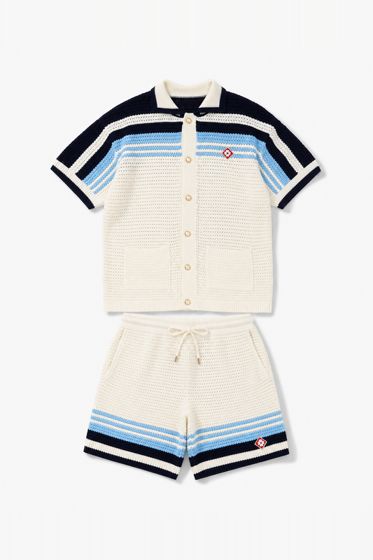 IKAO PARIS LL061058 Marine – ensemble chemise et short en maille, vue de face sans mannequin sur fond clair