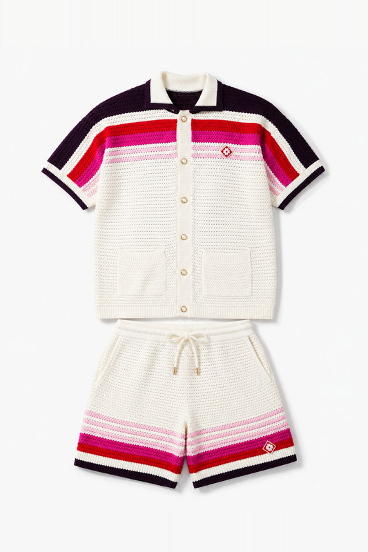 IKAO PARIS LL061060 Écru – ensemble chemise et short en maille, vue de face sans mannequin sur fond clair